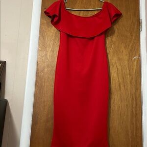 Elegant Red Off-Shoulder Dress Size M 95% polyester and 5% Spandex,